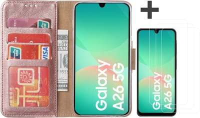 Hoesje met 3 Stuks Screenprotectors Geschikt voor Samsung Galaxy A26 – Arara bookcase met pasjeshouder - Rosegoud