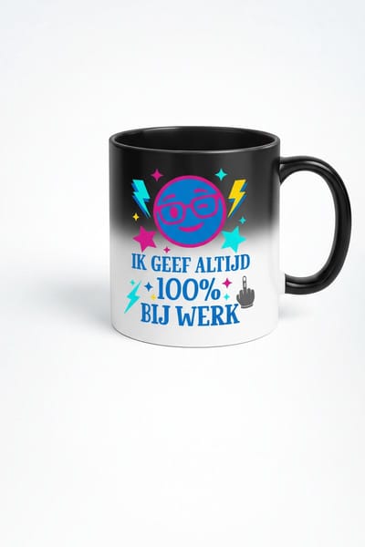 “Ik Geef Altijd 100% Bij Werk” Black Magic Mok – 330ml Warmtegevoelige Koffiemok – Grappige Werk Humor – Perfect Cadeau voor Collega’s