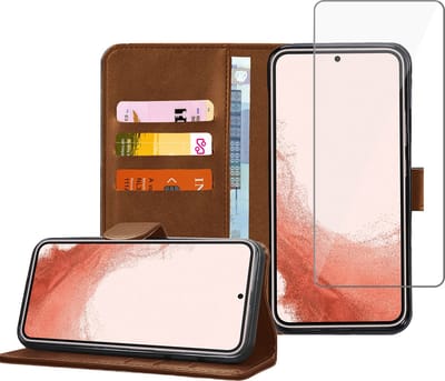 Geschikt voor Samsung S22 Plus Book Case Hoesje - Screenprotector - Flip Portemonnee Bruin met Screen Cover Tempered Glas