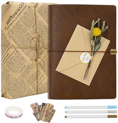 Fotoalbum om zelf te maken, met omslag van kunstleer, 30 vellen, 60 pagina's, kraftpapier, vintage notitieboek-accessoireset voor bruiloften, jubilea, bruin