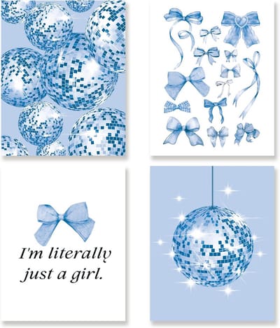 Set van 4 Trendy Wanddecoratie Posters - Blauwe Preppy Kunstprints voor Tiener Meisjes Slaapkamer en Studenten Kamer