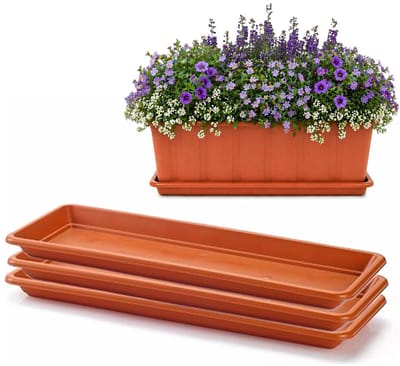 Plasticforte Plantenbak water onder opvangschaal - 3x - terracotta - rechthoek - 48 x 18 cm - Bloembakken