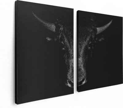 Artaza Canvas Schilderij Tweeluik Stierenkop - Stier - Zwart Wit - 120x80 - Foto Op Canvas - Canvas Print