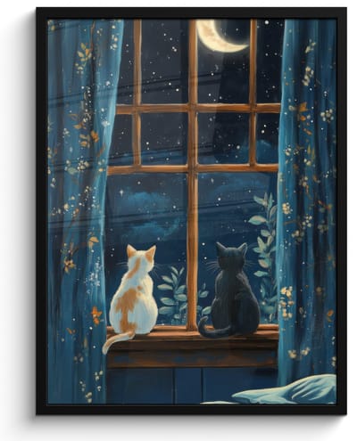 Poster in lijst - Fotolijst 50x70 cm - Posters - Kat - Sterrenhemel - Blauw - Posterlijst zwart - Decoratie - Wanddecoratie woonkamer - Muurdecoratie slaapkamer