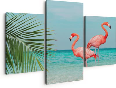 Artaza Canvas Schilderij Drieluik Twee Flamingo's in het Water - 150x120 - Groot - Foto Op Canvas - Canvas Print