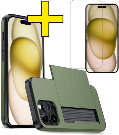 Hoesje Geschikt voor iPhone 15 Pro Hoesje Case Pashouder Hard Cover Met Screenprotector - Hoes Geschikt voor iPhone 15 Pro Hoesje Met Kaarthouder - Donkergroen