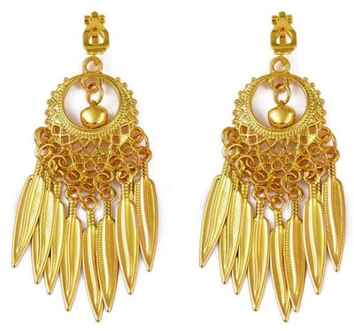 Boho clip-oorbellen goudkleurig lichtgewicht metaal met hangertjes veertjes / geen gaatjes nodig 65 mm lang
