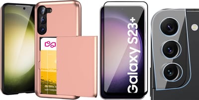 Hoesje met Pasjeshouder geschikt voor Samsung Galaxy S23 Plus - Screenprotector FullGuard & Camera Lens Screen Protector - Back Cover SlideCase Roségoud
