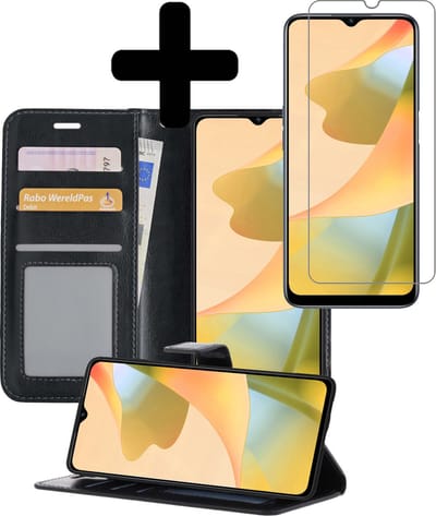Hoesje - Met Screenprotector - Geschikt voor OPPO A16s - Luxe Pasjeshouder - Bookcase Portemonee - Flip Case - Kunstleer Book Case - Flipcase - Book Cover - Walletcase - Portemonneehoes - Telefoonhoesjes - Zwart