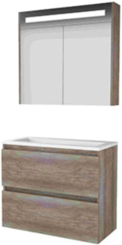 Basic-Line Premium 39 Badkamermeubelset - Ondiep - 80 x 39 cm - Greeploos - 2 Lades - Acryl Wastafel - Zonder Kraangat - Spiegelkast met LED Verlichting - Scotch Oak