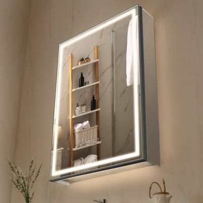 VEVOR Verlichte medicijnkast met spiegel (50 x 70 cm), inbouw of aan de muur bevestigd, 3-kleuren dimbare LED-badkamerkast met vloerverlichting, verstelbare plankopslag