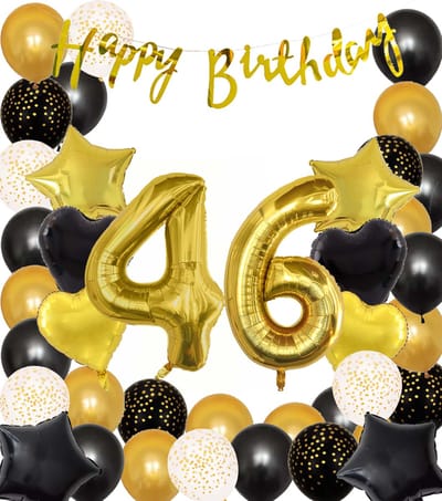 Snoes Ballonnen 46 Jaar Black Gold Dots Mega Ballon - Compleet Feestpakket Goud Zwart Stippen Cijferballon 46 - Verjaardag Versiering DIY Slinger Happy Birthday – Folieballon – Latex Ballonnen - Helium Ballonnen