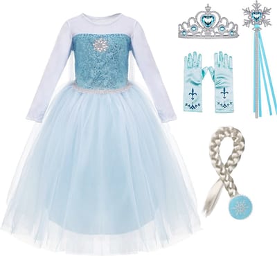 Frozen verkleedkleding- prinsessenjurk meisje - Het Betere Merk - Prinsessenkroon - 122/128 - Toverstaf - Prinsessenhandschoenen - Haarvlecht