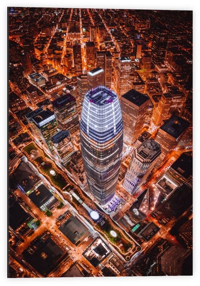 KuijsFotoprint - Schilderij - Salesforce Tower Verlichting San Francisco - Zwart, Wit, Blauw En Oranje - 60 X 40 Cm