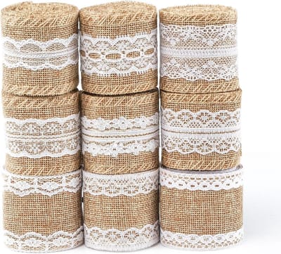 Vintage Jute Lint met Witte Kant voor Natuurlijke Decoratie bij Verjaardagen, Bruiloften en Feesten (9 Rollen x 200cm)