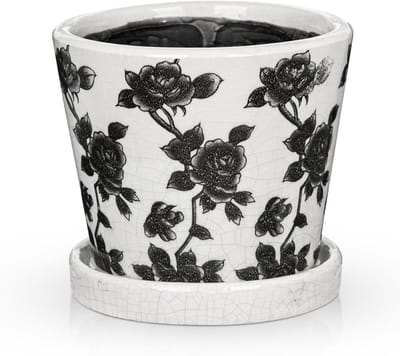 SnelShoppen - Oairse Zwart-Witte Keramische Plant Pot met Afvoergaatje en Schotel, 5.5 Inch Bloempot voor Binnen en Buiten, Crackle Glazuur Porselein