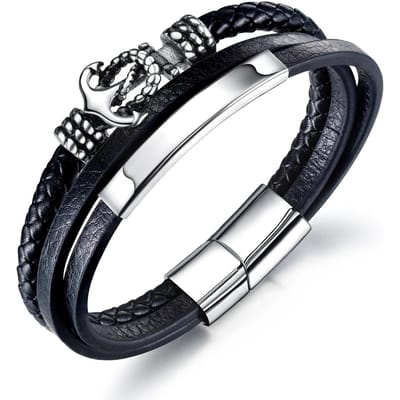 Bracelet Ancre de Bateau Tendance Européenne et Américaine Meilleure Vente Bracelet en Cuir Noir pour Homme Tissé en Couches Rétro Bracelet pour Homme black