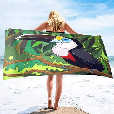 Serviette de Plage Toucan Été Faune Oiseaux Tropicaux Serviette de Bain Microfibre Sans Sable Serviettes pour Voyage, Plage, Activités en Plein Air W100*H180(CM)