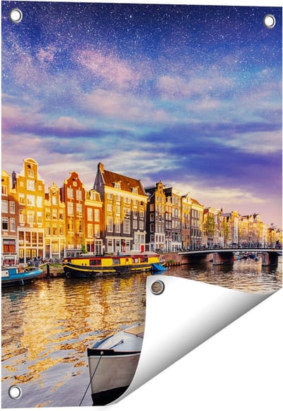 Gards Tuinposter Amsterdamse Gracht in de Nacht met Sterren - 40x50 cm - Tuindoek - Tuindecoratie - Wanddecoratie buiten - Tuinschilderij