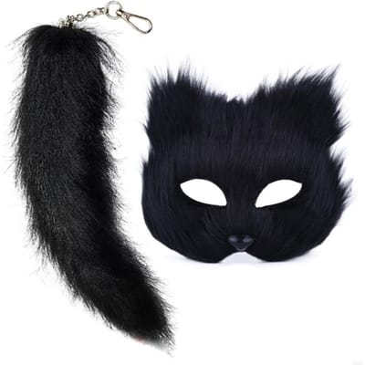 652F Masque et Queue Thérians pour Femmes Filles Chats Renards Loup Porte-clés Masque Queue Costumes Cosplay Halloween