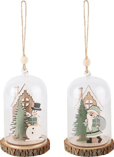 Dekoratief | Hanger globe m/santa/sneeuwman, hout/glas, 8x8x20cm, set van 2 stuks | A245259