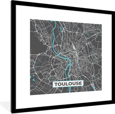 Fotolijst incl. Poster - Toulouse - Frankrijk - Kaart - Stadskaart - Plattegrond - 40x40 cm - Posterlijst