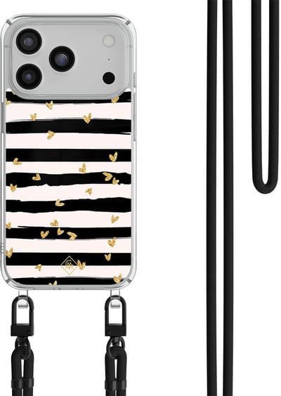 Casimoda® hoesje met zwart koord - Geschikt voor iPhone 17 Pro - Hart Streepjes - Afneembaar koord - TPU/polycarbonaat - Zwart