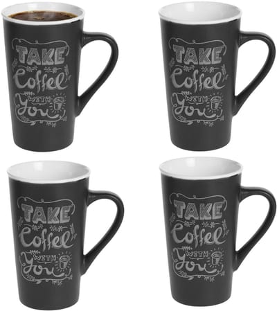 Secret de Gourmet hoge koffie mok / beker met oor - 4x - zwart - keramiek - 500 ml - koffie print - servies - warme dranken