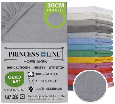 Princess Line- Comfortabel Ultra-Soft-Hoeslaken -100% katoen-Jersey -Stretch -Strijkvrij- Rondom elastiek-Hoekhoogte tot 30cm Eenpersoons -80x200-Grijs