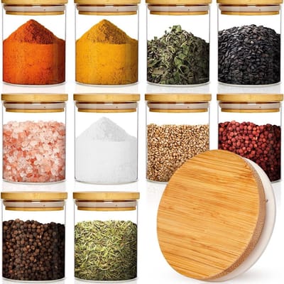 Famanu - Kruidenpotjes elk 150 ml volume | kruidenpotje incl. luchtdichte bamboe deksel - kruidenpot theebox glazen opbergpotje bewaarpot voorraadpot