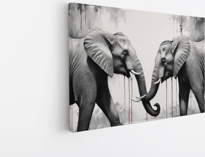 Saammp Canvas Schilderij - 2 Olifanten - Zwart-Wit - Dieren - 30x20 - Foto op canvas - Wanddecoratie - Muurdecoratie Woonkamer - Slaapkamer decoratie - Canvas Print