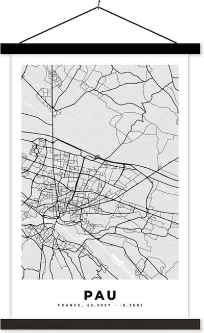 Posterhanger incl. Poster 40x60 cm - Schoolplaat - Stadskaart - Frankrijk - Kaart - Pau - Plattegrond - Textielposter - Zwarte latten - Stadskaart
