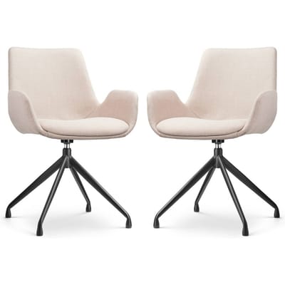 Nolon Nola-Eef Eetkamerstoelen Set van 2 Beige - Draaibaar - met Armleuning - Stof - Zwart Onderstel - Lage Armleuning - Design - Scandinavisch
