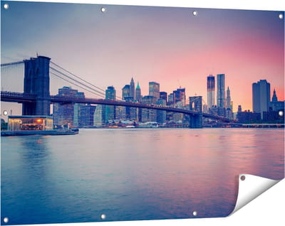 Gards Tuinposter New York Brooklyn Brug bij Zonsondergang - 120x80 cm - Tuindoek - Tuindecoratie - Wanddecoratie buiten - Tuinschilderij