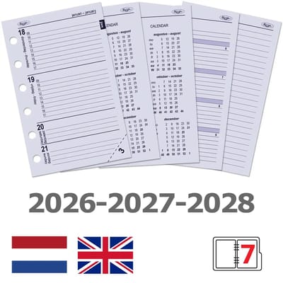 Kalpa 6237-26-27-28 125 x 80 mm Pocket Agenda Vulling Papier 1 Week per 2 Paginas NL EN 2026 2027 2028