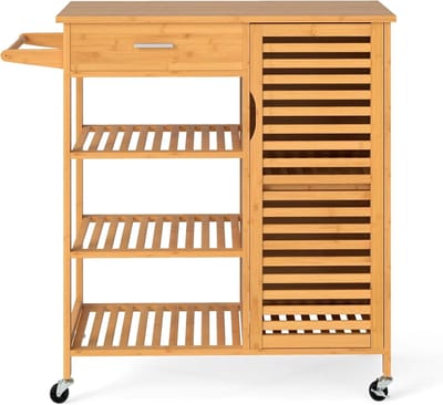 KOMFOTTEU Serveerwagen van bamboe, eiland met vergrendelbare wielen, lade, 3 open planken, deurkast, handdoekhouder, keukenwagen voor eetkamer, bar, natuur