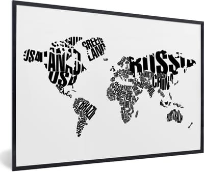 Poster in lijst - Fotolijst 120x80 cm - Posters - Wereldkaart - Zwart - Wit - Woorden - Kind - Jongen - Meisje - Posterlijst zwart - Decoratie - Wanddecoratie woonkamer - Muurdecoratie slaapkamer