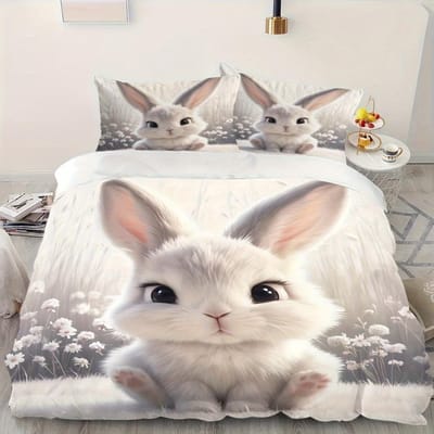 3-delige Schattige Konijnenprint Beddengoedset - Zacht Polyester Digitale Print Comfort Bevat 1 Queen Size Dekbedovertrek & 2 Kussenslopen EU Single(135*200cm)3pcs gray