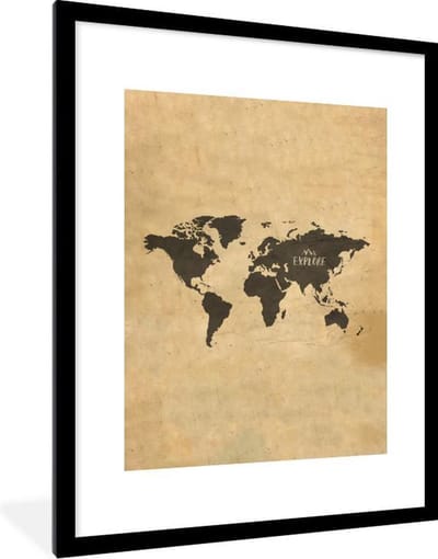 Poster in lijst - Fotolijst 60x80 cm - Posters - Wereldkaart - Beige - Reizen - Posterlijst zwart - Decoratie - Wanddecoratie woonkamer - Muurdecoratie slaapkamer