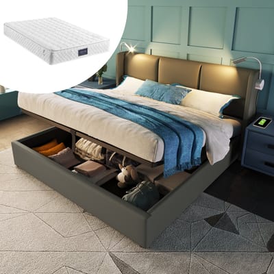 DESMIU Gestoffeerd Bed 140x200 cm - Tweepersoonsbed Met Leeslamp En Oplaadfunctie - Hoofdbord Met Opbergruimte - Voor Slaapkamer - PU - Grijs - Met Matras