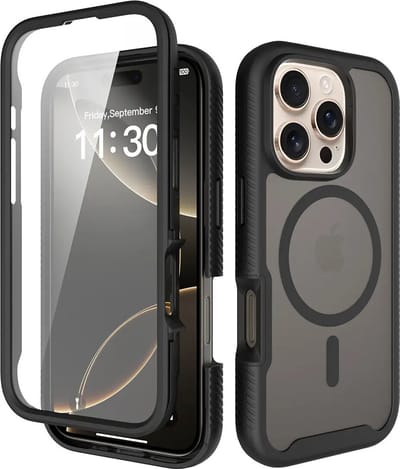 Hoesje met Ingebouwde Screenprotector Geschikt voor Apple iPhone 16 Pro - Compatibel met MagSafe / Qi2 - Full Protect - Schokbestendige Beschermhoes - Case Matte Zwart