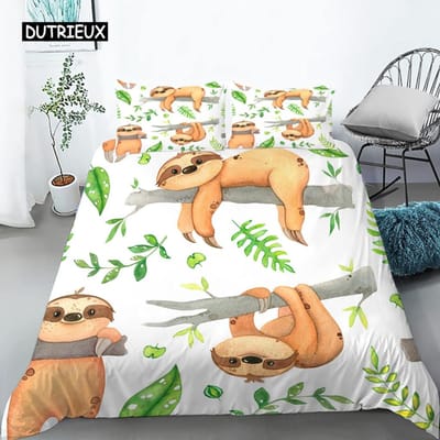 Luiaard Dekbedovertrek Set Eenpersoons Maat Cartoon Luiaard Dekbedovertrek Beddengoed Set voor Kinderen Meisjes Jongens Schattig Dier Polyester Dekbedovertrek AU Single(140x210cm)