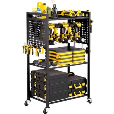 VEVOR 4-laags gereedschapswagen, draagvermogen 68 kg, werkplaatswagen met verrijdbare boorhouder en stevig opbergvak, montagewagen voor de garage, werkplaats, garage, zwart, 560 x 350 x 970 mm