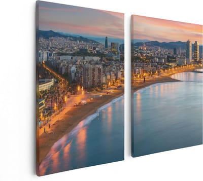 Artaza Canvas Schilderij Tweeluik Barcelona Strand met Stad bij Zonsondergang - 80x60 - Foto Op Canvas - Canvas Print