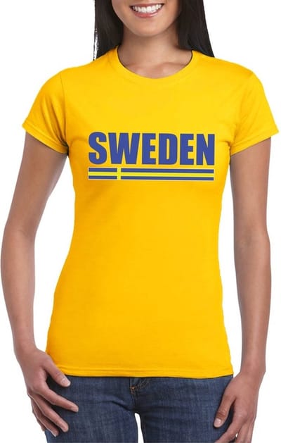 Zweden supporters kleding t-shirt - voor dames - geel - met vlag kleuren print - korte mouwen S