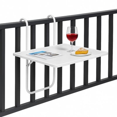 Lomera Balkontafel Wit - Hangtafel Balkon - Verstelbaar Tafelblad - Hout Tafelblad - Gepoedercoat Staal Frame - Balkonbalustrade Tafel - Buiten Tafeltje - Balkon Tafel