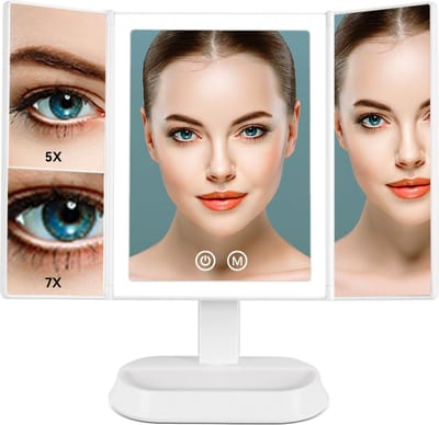 Make-up spiegel met LED-Verlichting en Touchscreen, Drievoudig 1x 5x 7x Vergroting, 90 ° Verstelbare Rotatie, Werkt op Batterijen en USB, Aanrecht Cosmetische Spiegel (Wit)