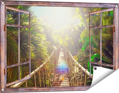 Gards Tuinposter Doorkijk Houten Brug in de Tropische Jungle - 90x60 cm - Tuindoek - Tuindecoratie - Wanddecoratie buiten - Tuinschilderij
