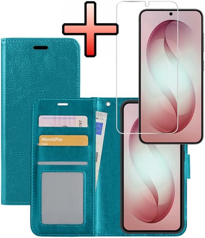 Hoesje - Met Screenprotector - Geschikt voor Samsung Galaxy S26 - Luxe Pasjeshouder - Bookcase Portemonee - Flip Case - Kunstleer Book Case - Flipcase - Book Cover - Walletcase - Portemonneehoes - Turquoise