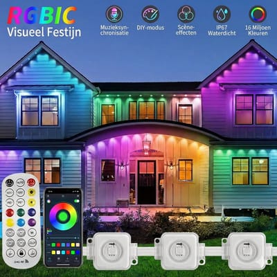 MUPOO Smart lichtsnoer buiten IP67 RGBIC met met App of afstandsbediening - Dakrandverlichting Buiten Waterdicht - Muzieksynchronisatie -Sfeerverlichting Buiten en Binnen -Voor Dakrand, feest -15 Meter - 30 LEDs